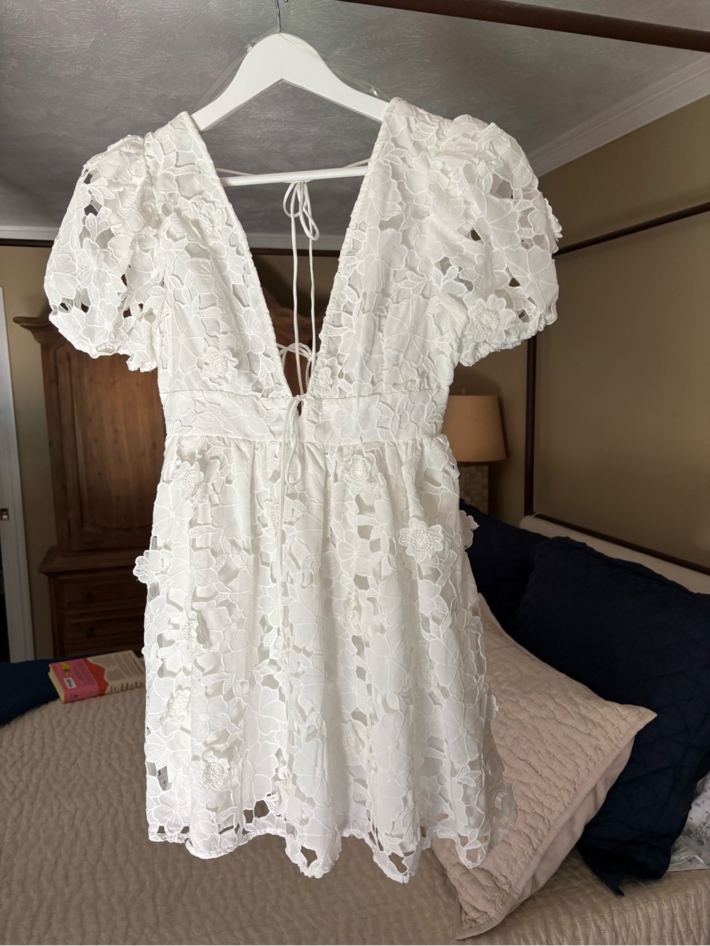 Main Strip White Floral Eyelet Mini Dress with Tie-Back